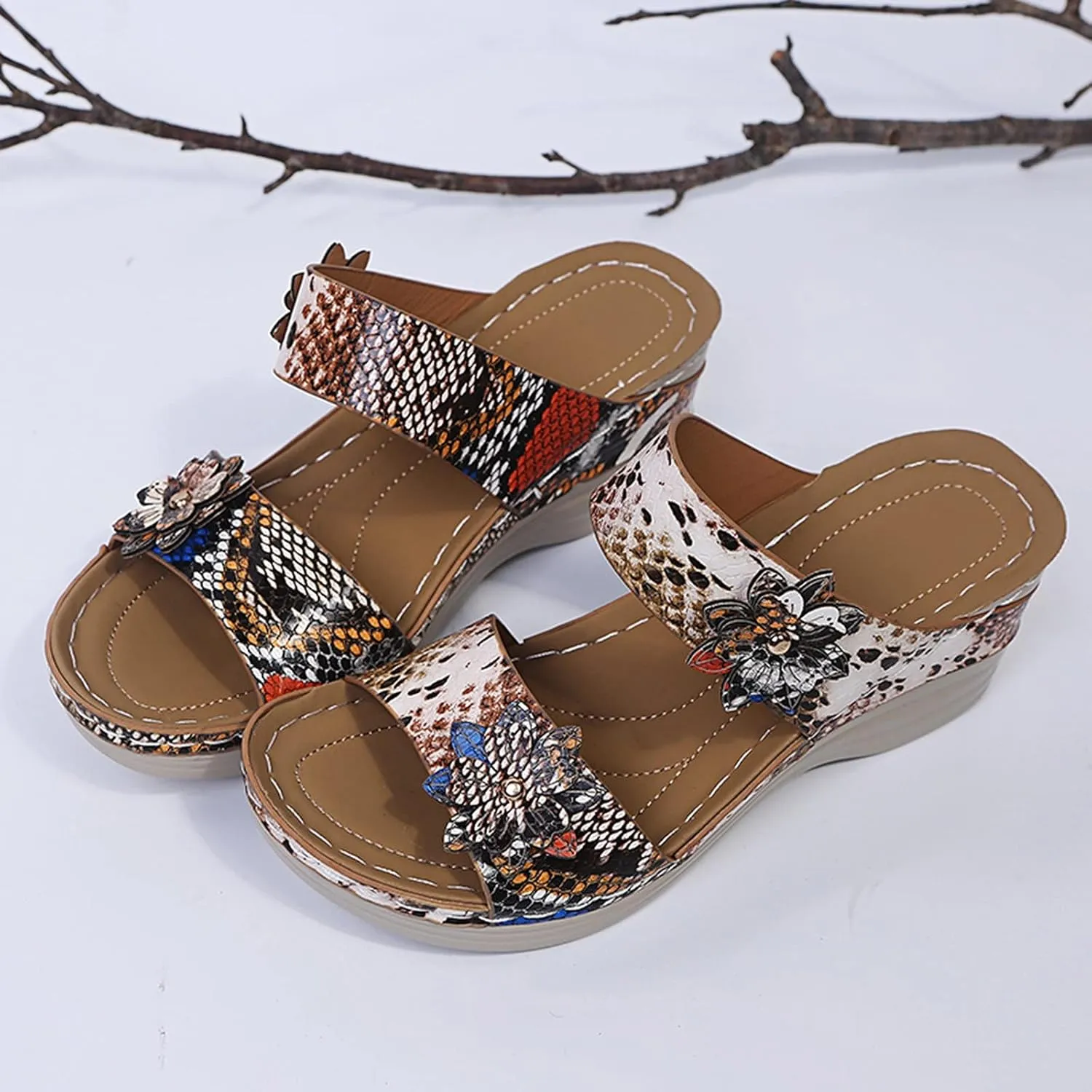 Eduavar Womens Sandals Comfortable, Sandals Women Floral Leopard Print Sandals Peep Toe Wedge Sandals Comfy Slip On Shoes