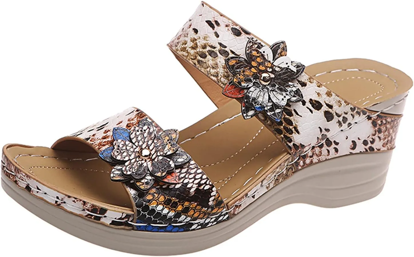 Eduavar Womens Sandals Comfortable, Sandals Women Floral Leopard Print Sandals Peep Toe Wedge Sandals Comfy Slip On Shoes