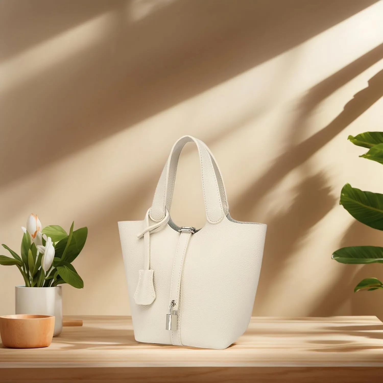 Elegant PU Leather Bucket Bag for Women Lock Design Tote Shoulder Handbag for Work Travel Party and Daily Use