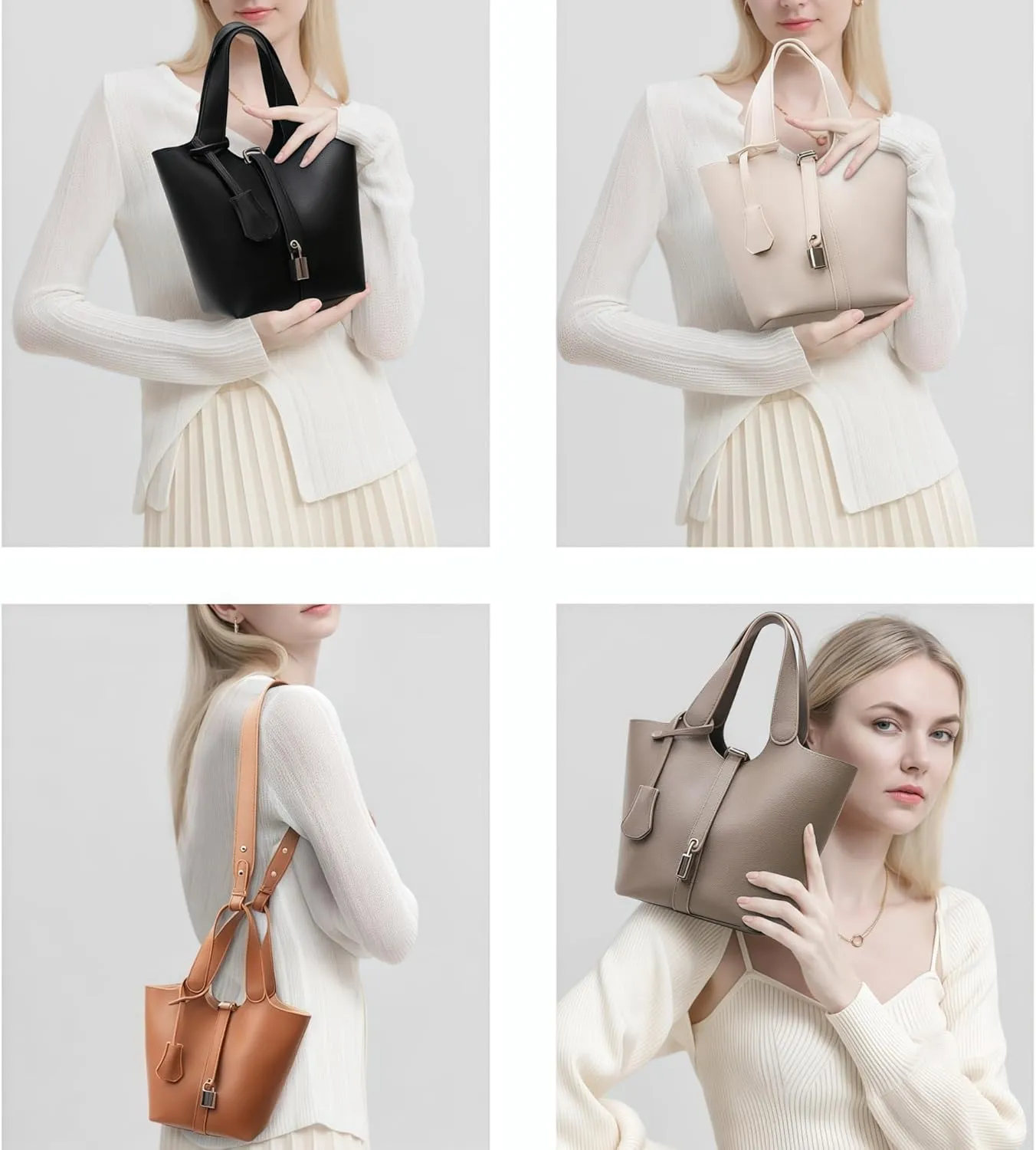 Elegant PU Leather Bucket Bag for Women Lock Design Tote Shoulder Handbag for Work Travel Party and Daily Use