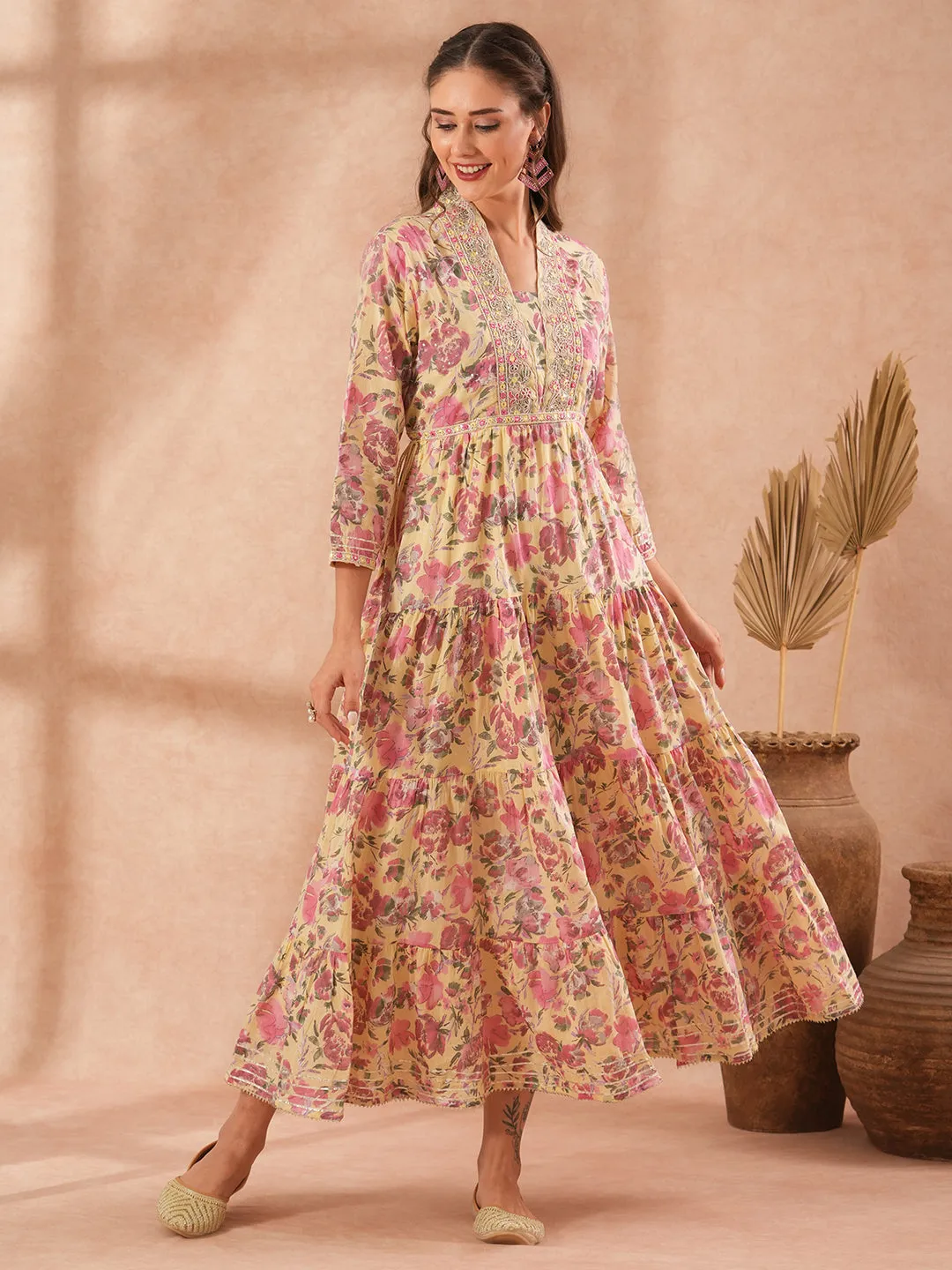 Ethnic Floral Printed & Embroidered A-Line Pleated Tiered Maxi Dress - Light Yellow