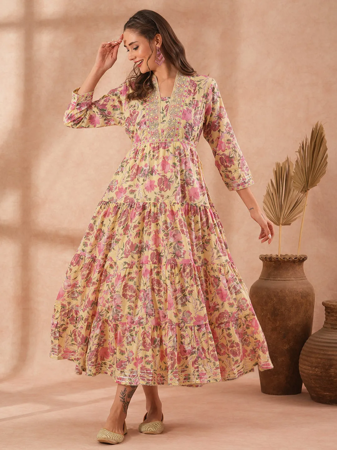 Ethnic Floral Printed & Embroidered A-Line Pleated Tiered Maxi Dress - Light Yellow