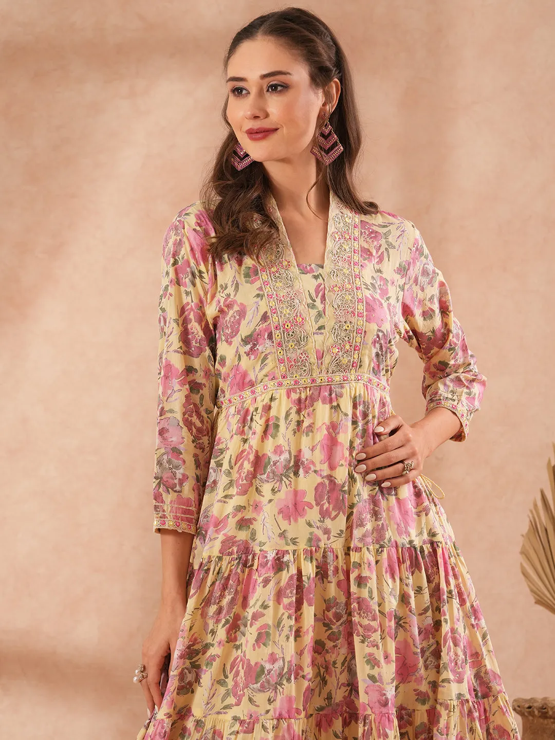 Ethnic Floral Printed & Embroidered A-Line Pleated Tiered Maxi Dress - Light Yellow