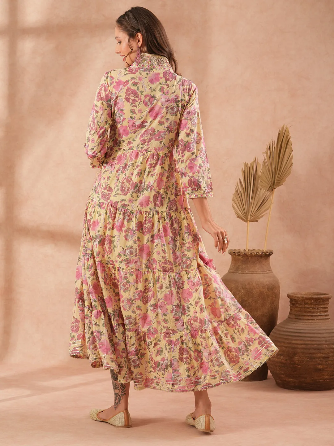 Ethnic Floral Printed & Embroidered A-Line Pleated Tiered Maxi Dress - Light Yellow