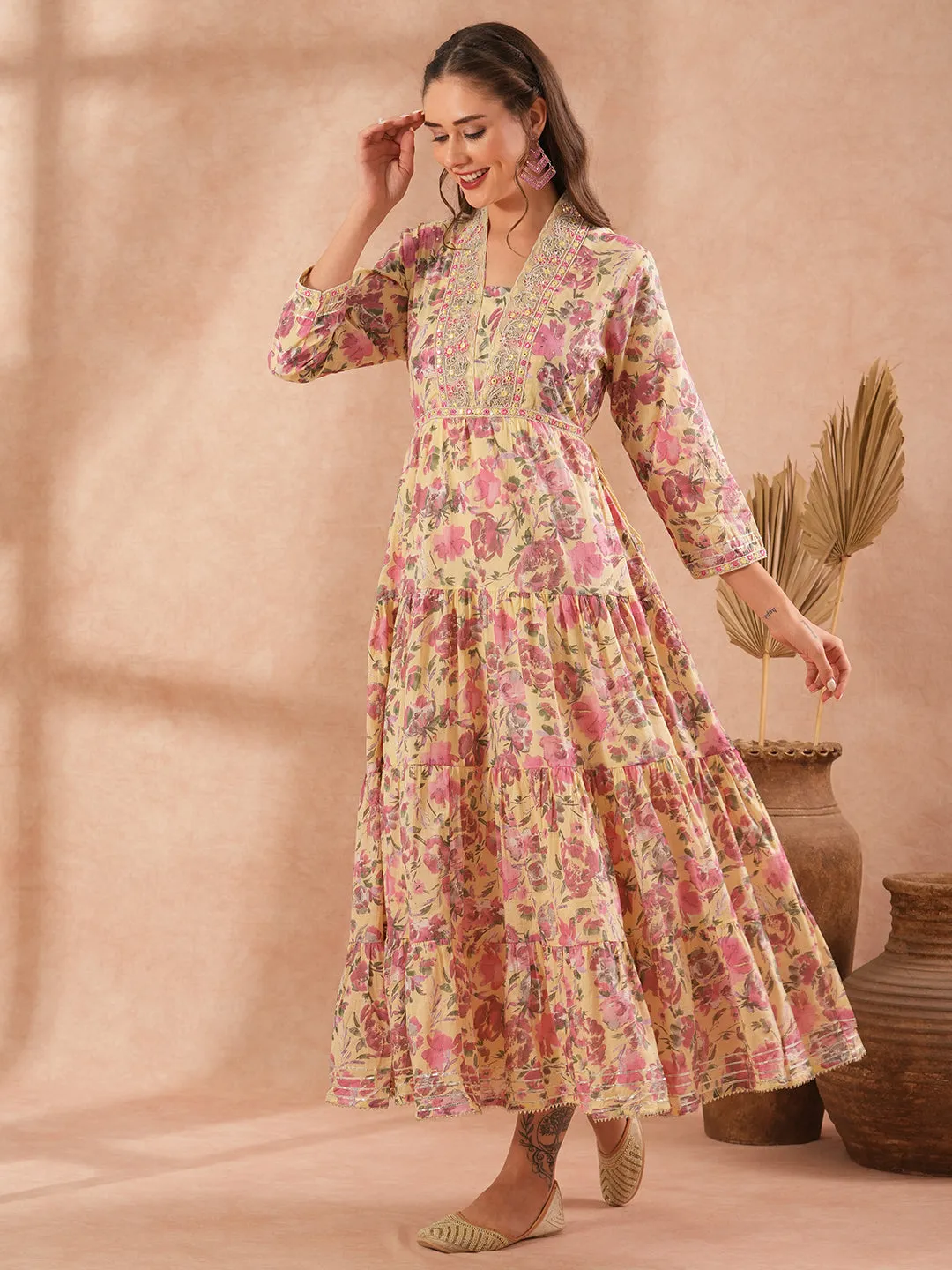 Ethnic Floral Printed & Embroidered A-Line Pleated Tiered Maxi Dress - Light Yellow