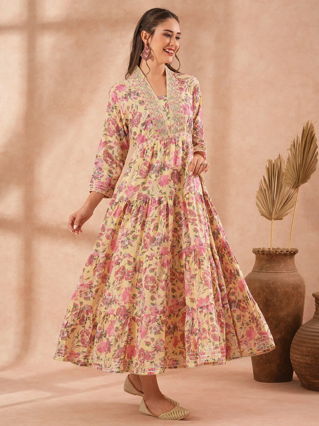 Ethnic Floral Printed & Embroidered A-Line Pleated Tiered Maxi Dress - Light Yellow