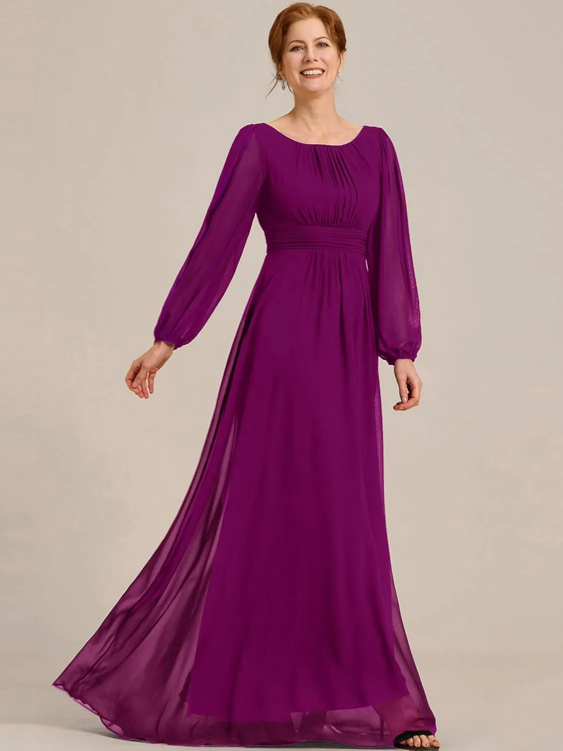 Ever-Pretty Classic Round Neck Long Sleeves Empire Waist Floor Length Chiffon Mother of The Bride Dresses 0106B-PH