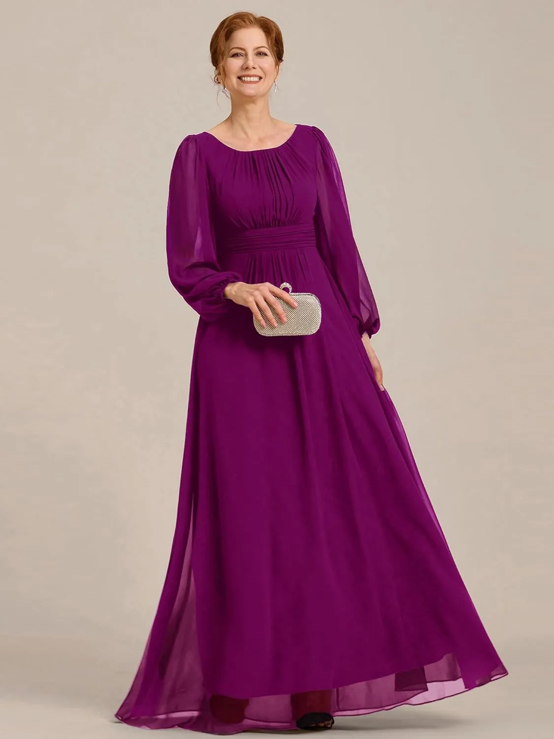 Ever-Pretty Classic Round Neck Long Sleeves Empire Waist Floor Length Chiffon Mother of The Bride Dresses 0106B-PH