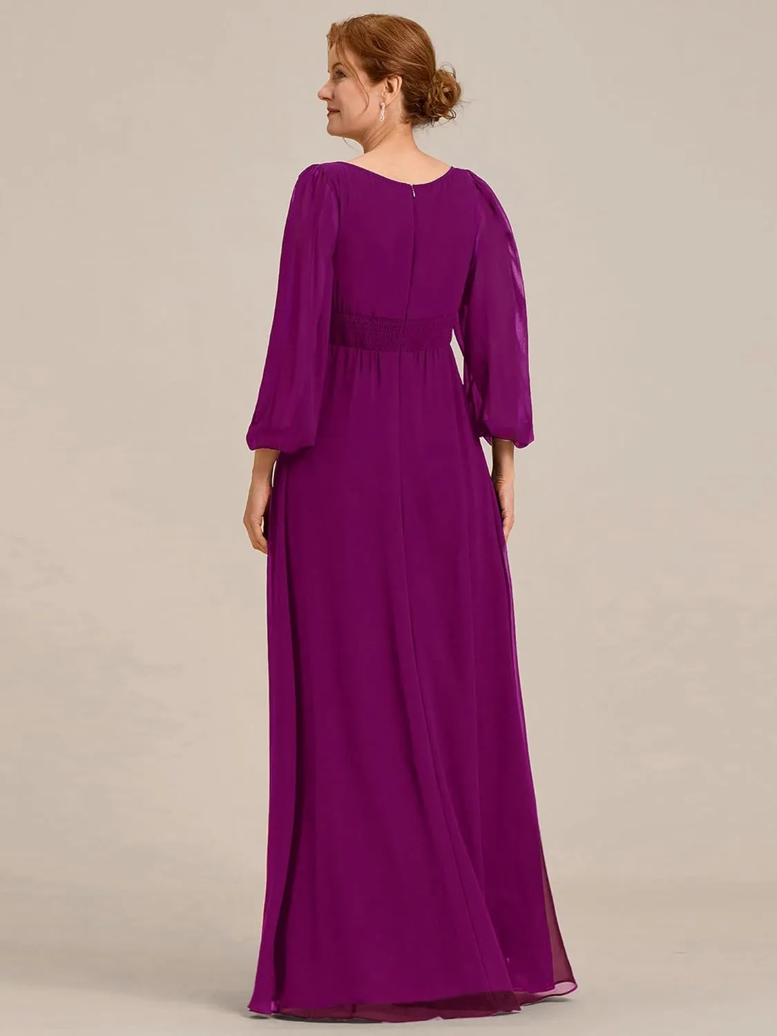 Ever-Pretty Classic Round Neck Long Sleeves Empire Waist Floor Length Chiffon Mother of The Bride Dresses 0106B-PH