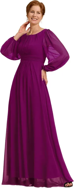Ever-Pretty Classic Round Neck Long Sleeves Empire Waist Floor Length Chiffon Mother of The Bride Dresses 0106B-PH