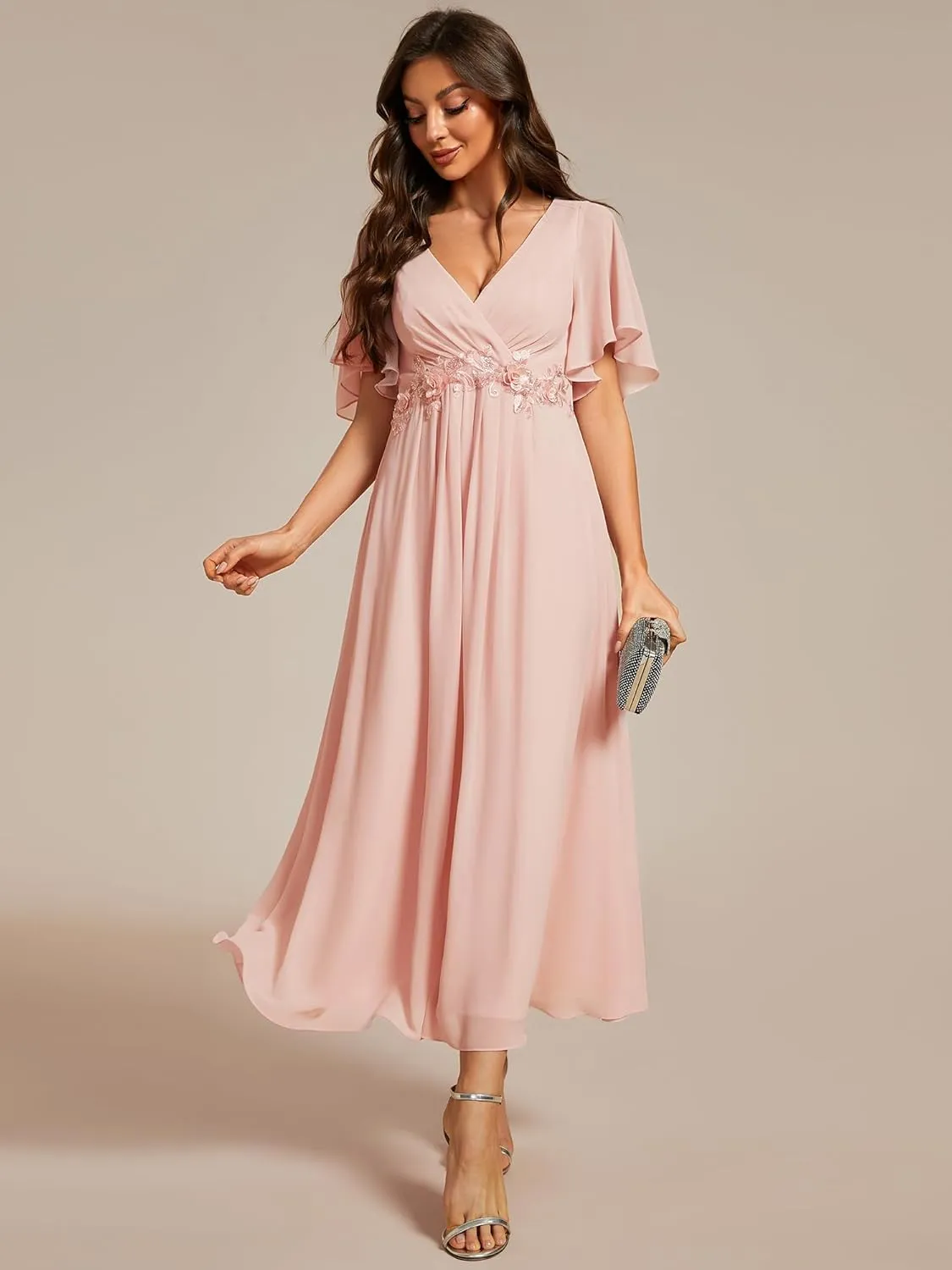 Ever-Pretty Women's Cocktail Dresses V Neck A-Line Elastic High Waist Wedding Guest Evening Party Maxi Dress 02093