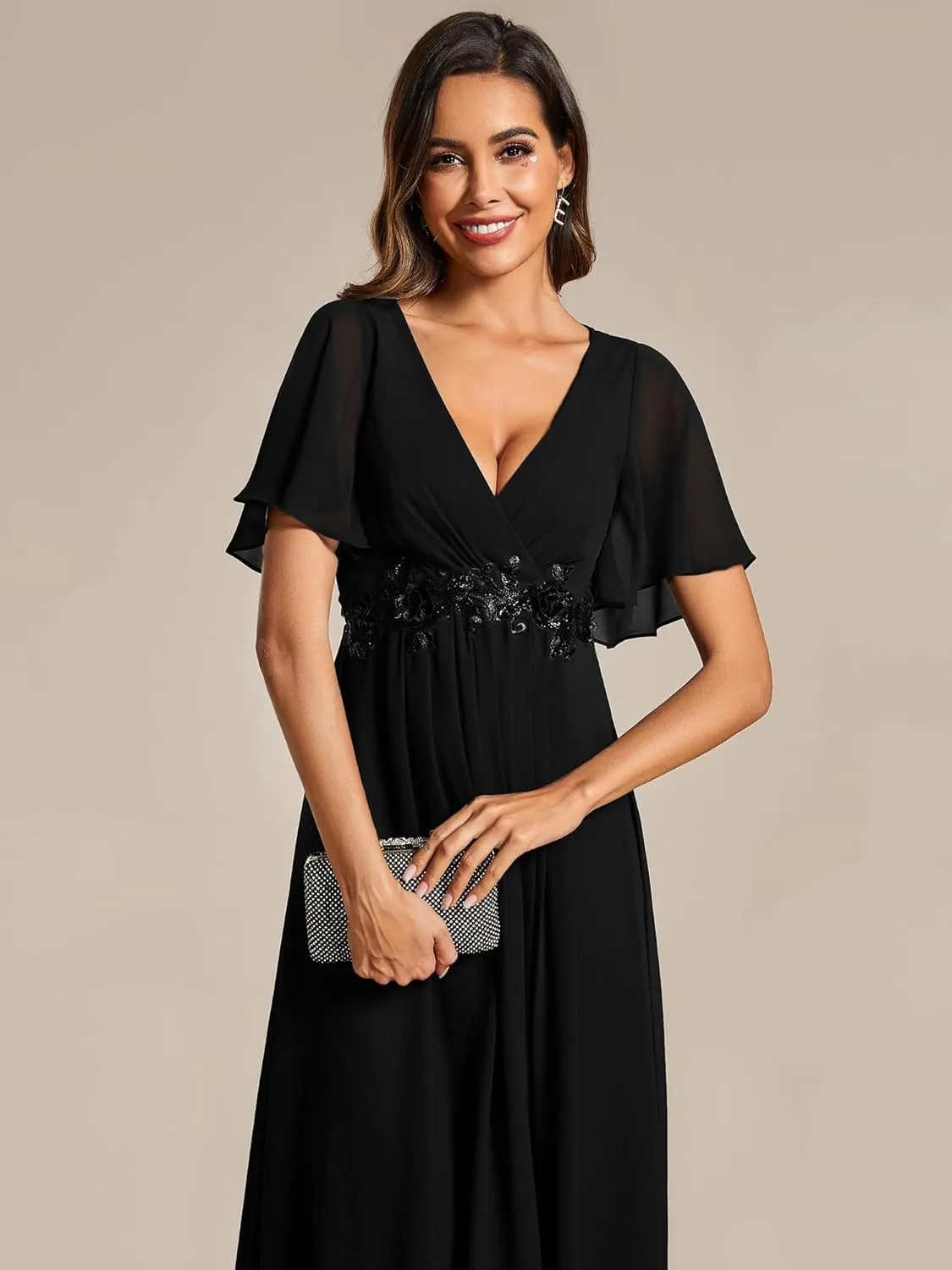 Ever-Pretty Women's Cocktail Dresses V Neck A-Line Elastic High Waist Wedding Guest Evening Party Maxi Dress 02093