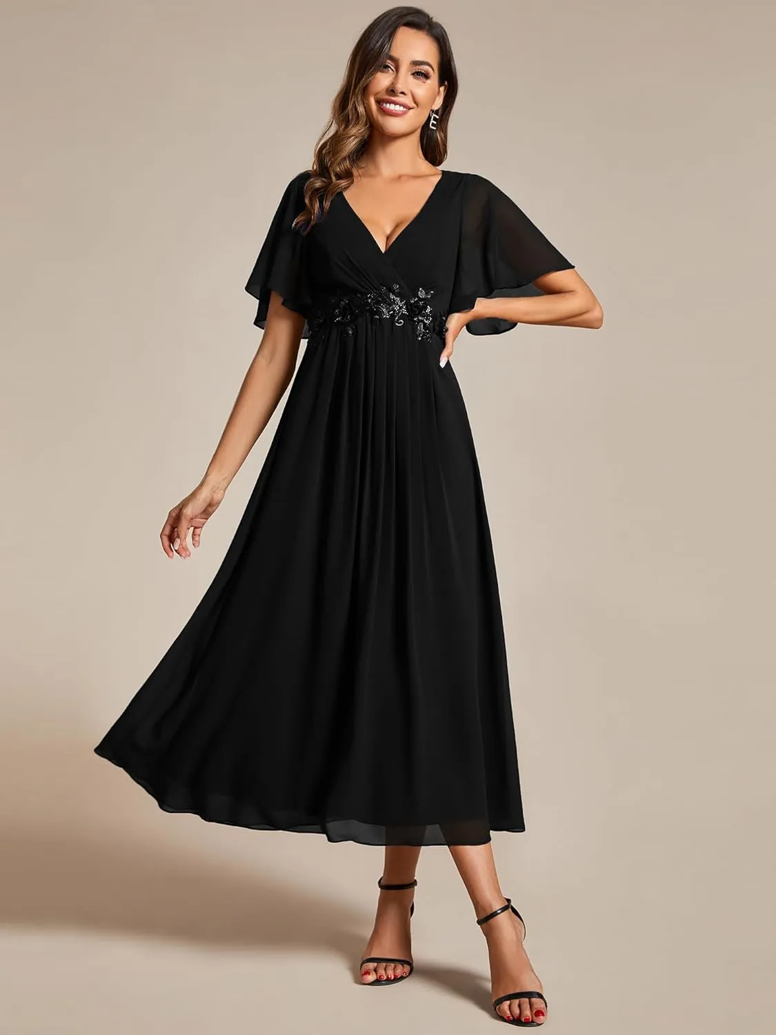Ever-Pretty Women's Cocktail Dresses V Neck A-Line Elastic High Waist Wedding Guest Evening Party Maxi Dress 02093