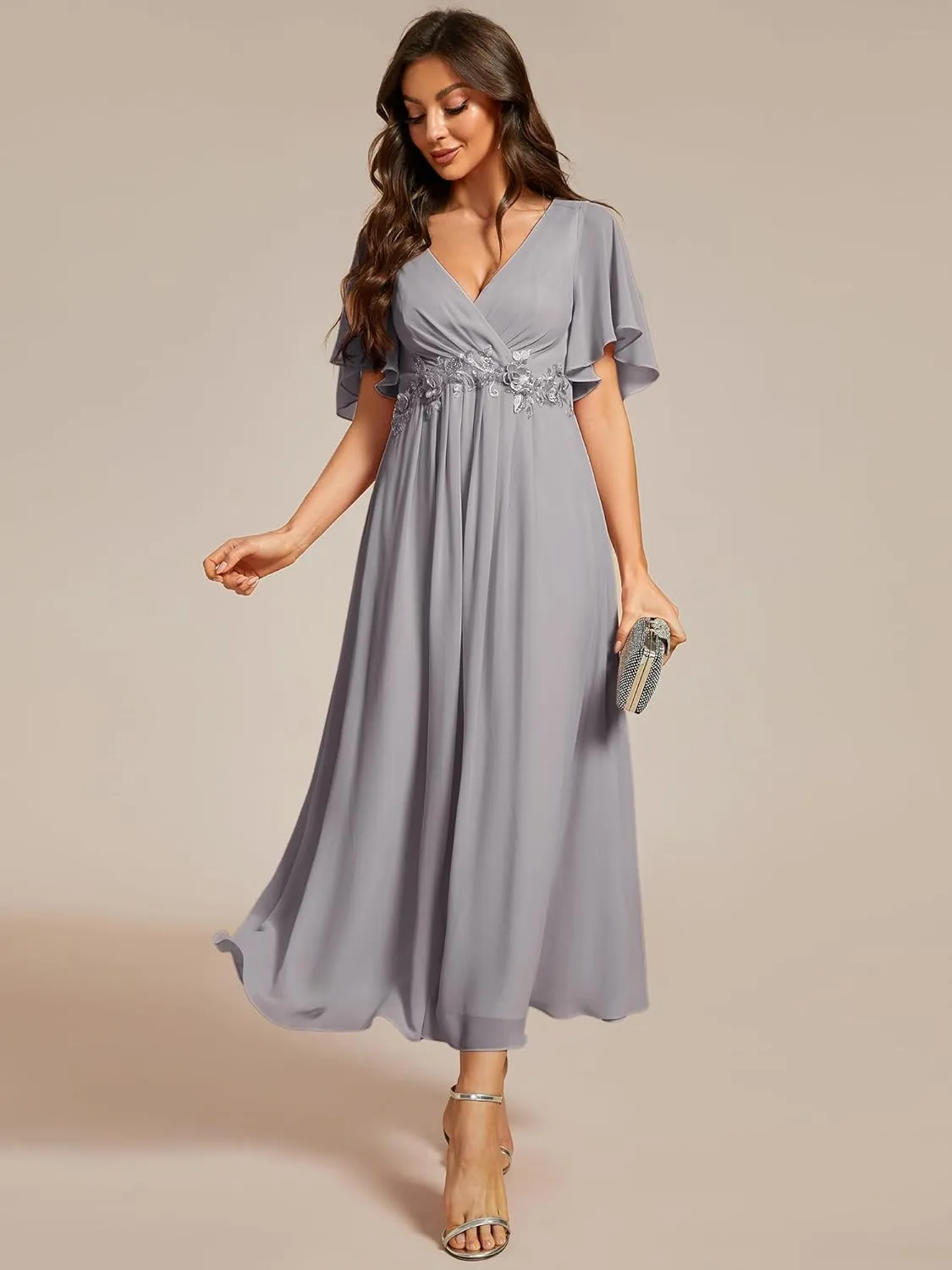 Ever-Pretty Women's Cocktail Dresses V Neck A-Line Elastic High Waist Wedding Guest Evening Party Maxi Dress 02093
