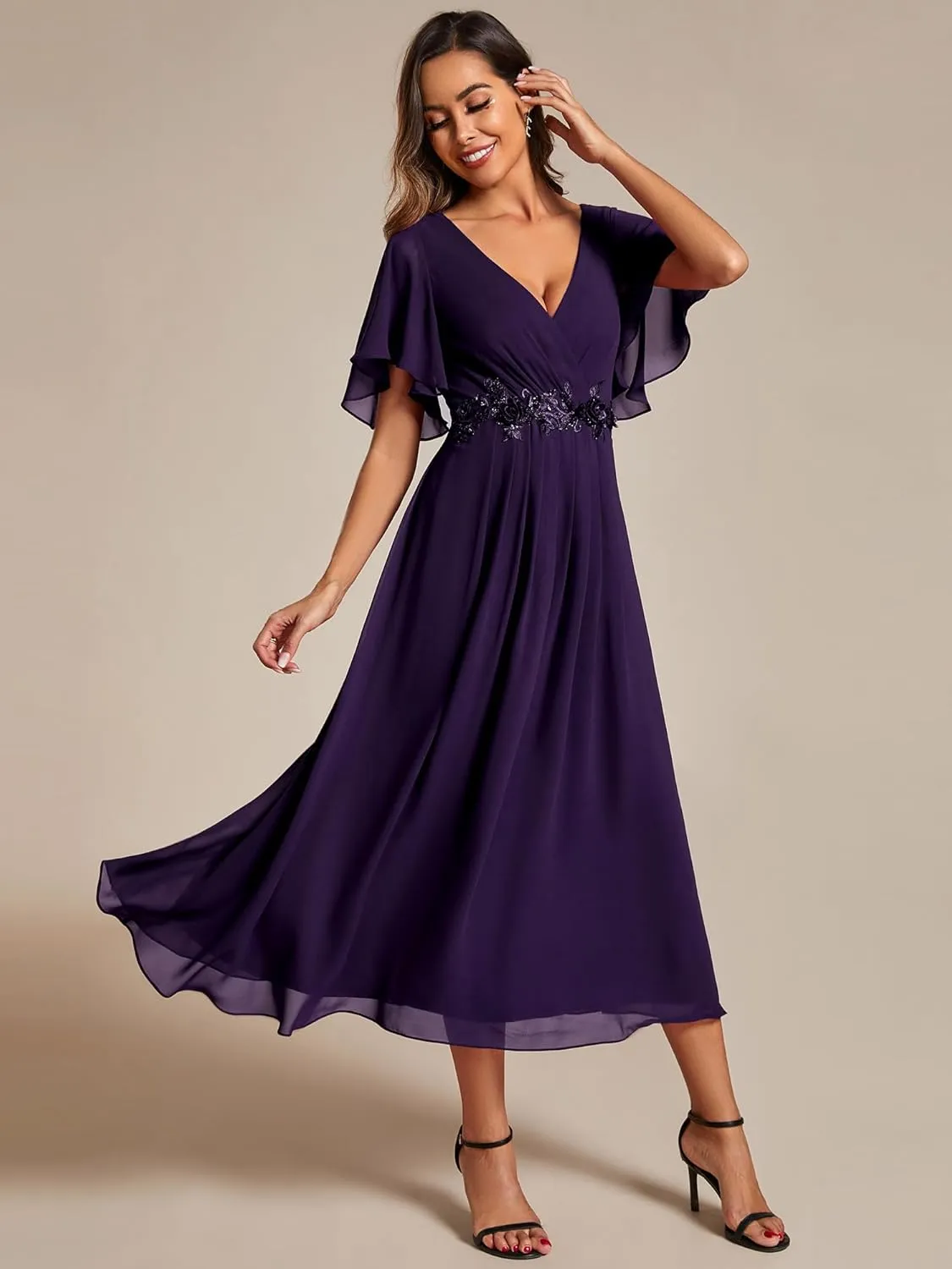 Ever-Pretty Women's Cocktail Dresses V Neck A-Line Elastic High Waist Wedding Guest Evening Party Maxi Dress 02093