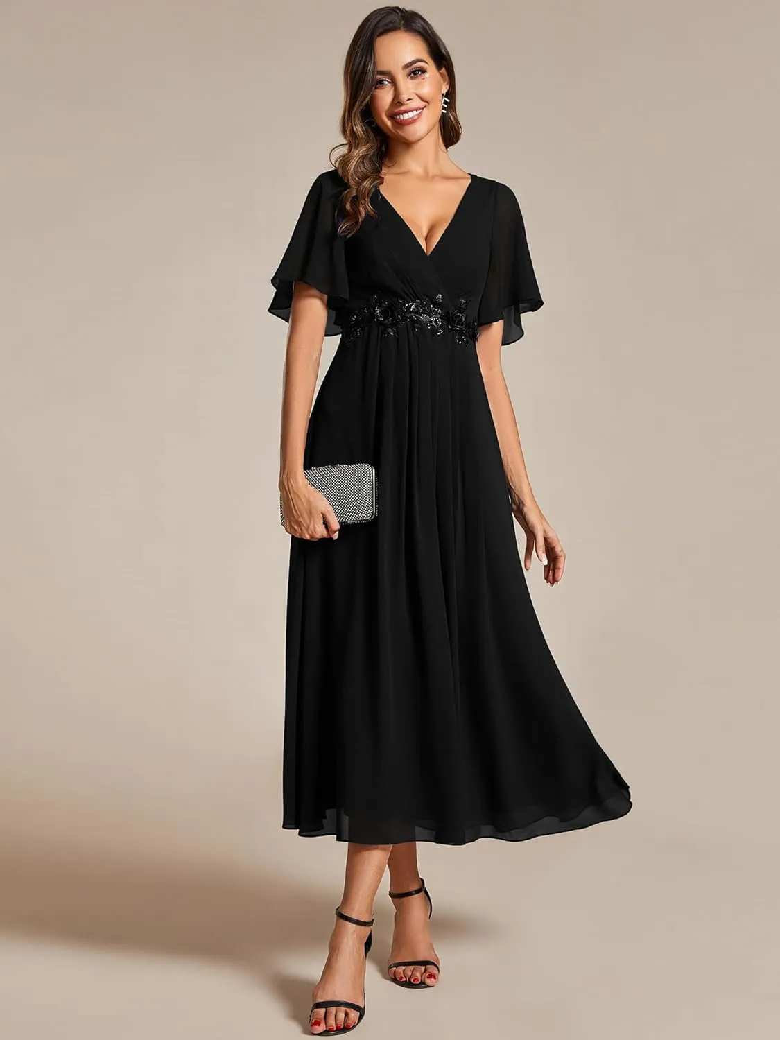 Ever-Pretty Women's Cocktail Dresses V Neck A-Line Elastic High Waist Wedding Guest Evening Party Maxi Dress 02093