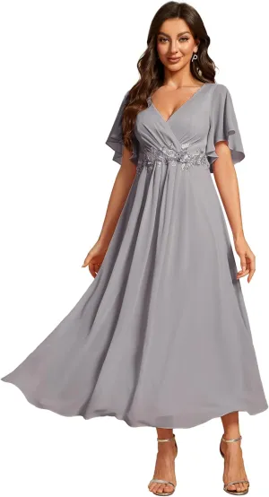 Ever-Pretty Women's Cocktail Dresses V Neck A-Line Elastic High Waist Wedding Guest Evening Party Maxi Dress 02093