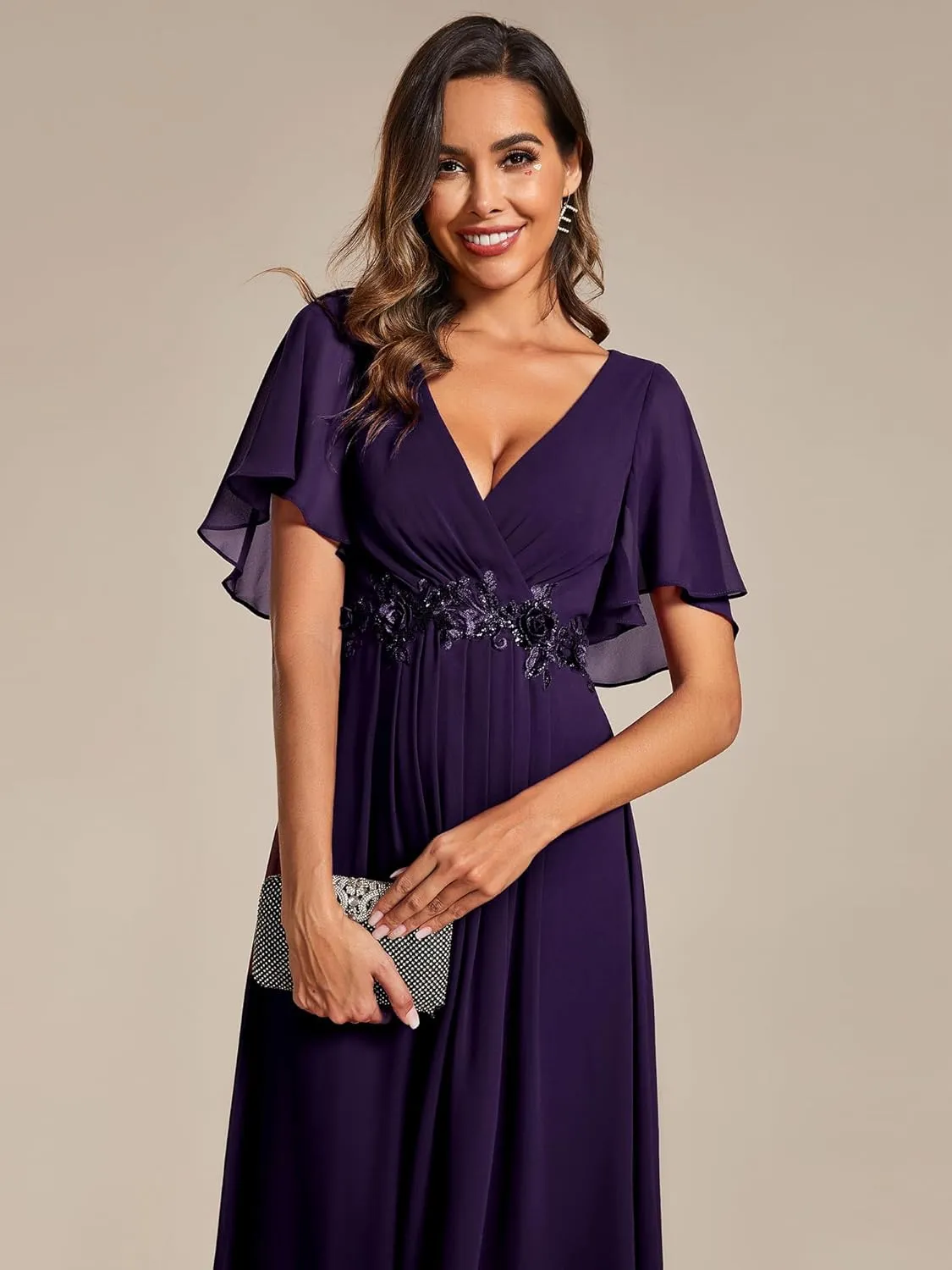 Ever-Pretty Women's Cocktail Dresses V Neck A-Line Elastic High Waist Wedding Guest Evening Party Maxi Dress 02093