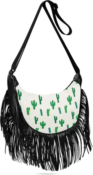 Exotic Cactus Pattern Fringe Bag for Women Cross Body Bag Tassel Shoulder Bag Satchel