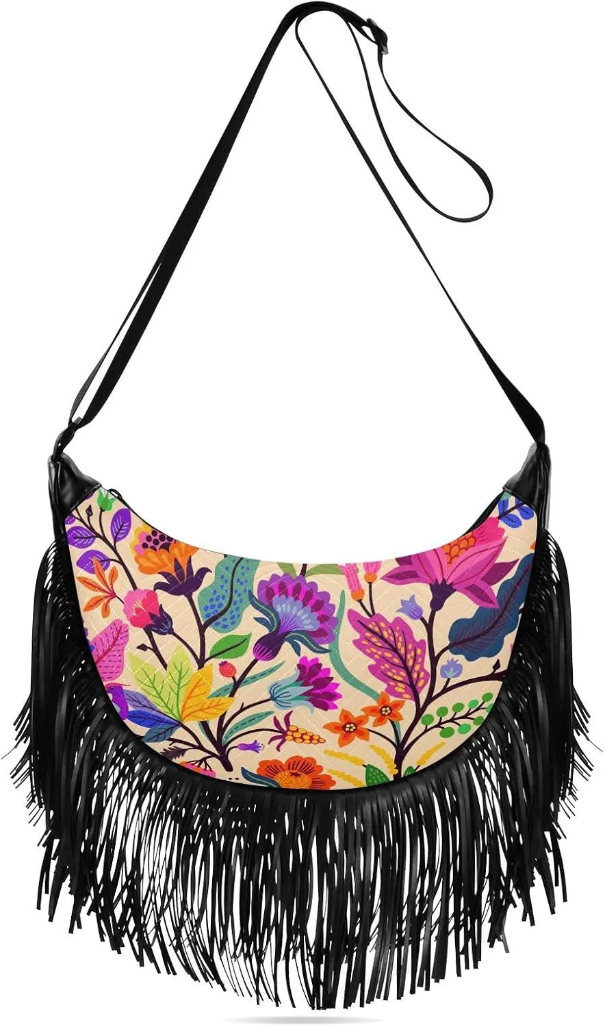 Exotic Flowers Tropic Leaves Fringe Bag for Women Cross Body Bag Tassel Shoulder Bag Satchel