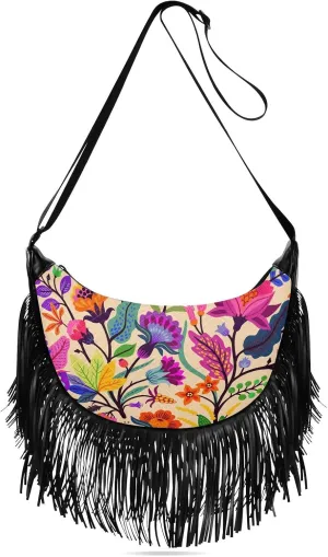 Exotic Flowers Tropic Leaves Fringe Bag for Women Cross Body Bag Tassel Shoulder Bag Satchel