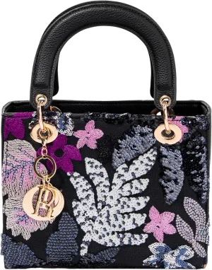 Faux Leather Box Sequin Embroidered Floral Top Handle Bag with Charms for Wedding Party