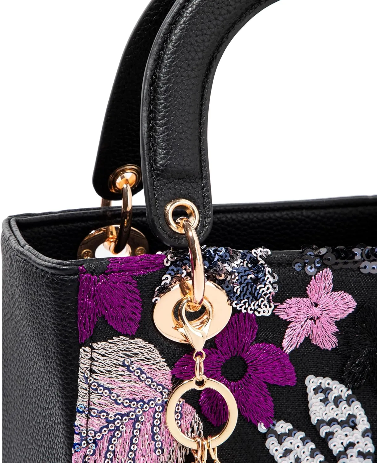 Faux Leather Box Sequin Embroidered Floral Top Handle Bag with Charms for Wedding Party