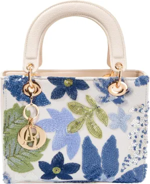 Faux Leather Box Sequin Embroidered Floral Top Handle Bag with Charms for Wedding Party