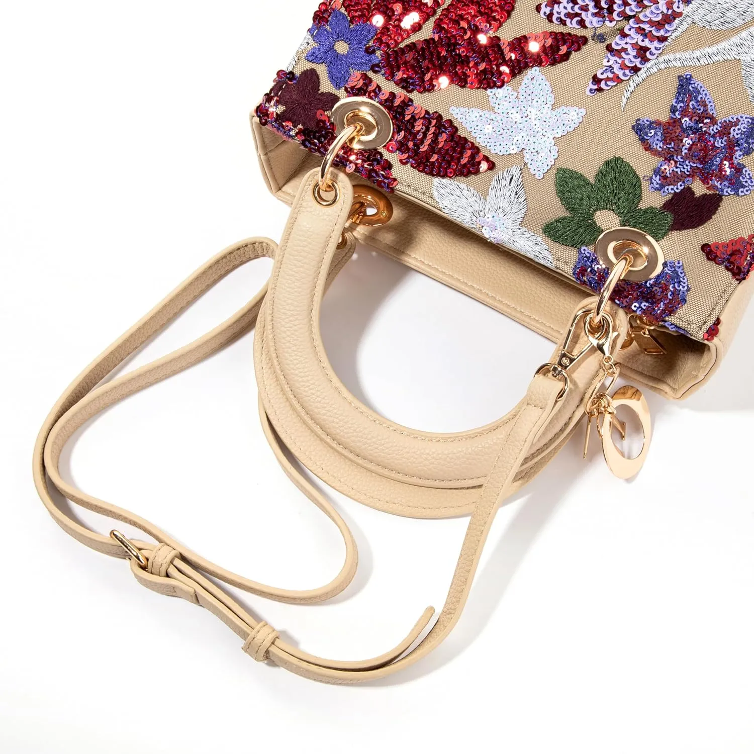 Faux Leather Box Sequin Embroidered Floral Top Handle Bag with Charms for Wedding Party