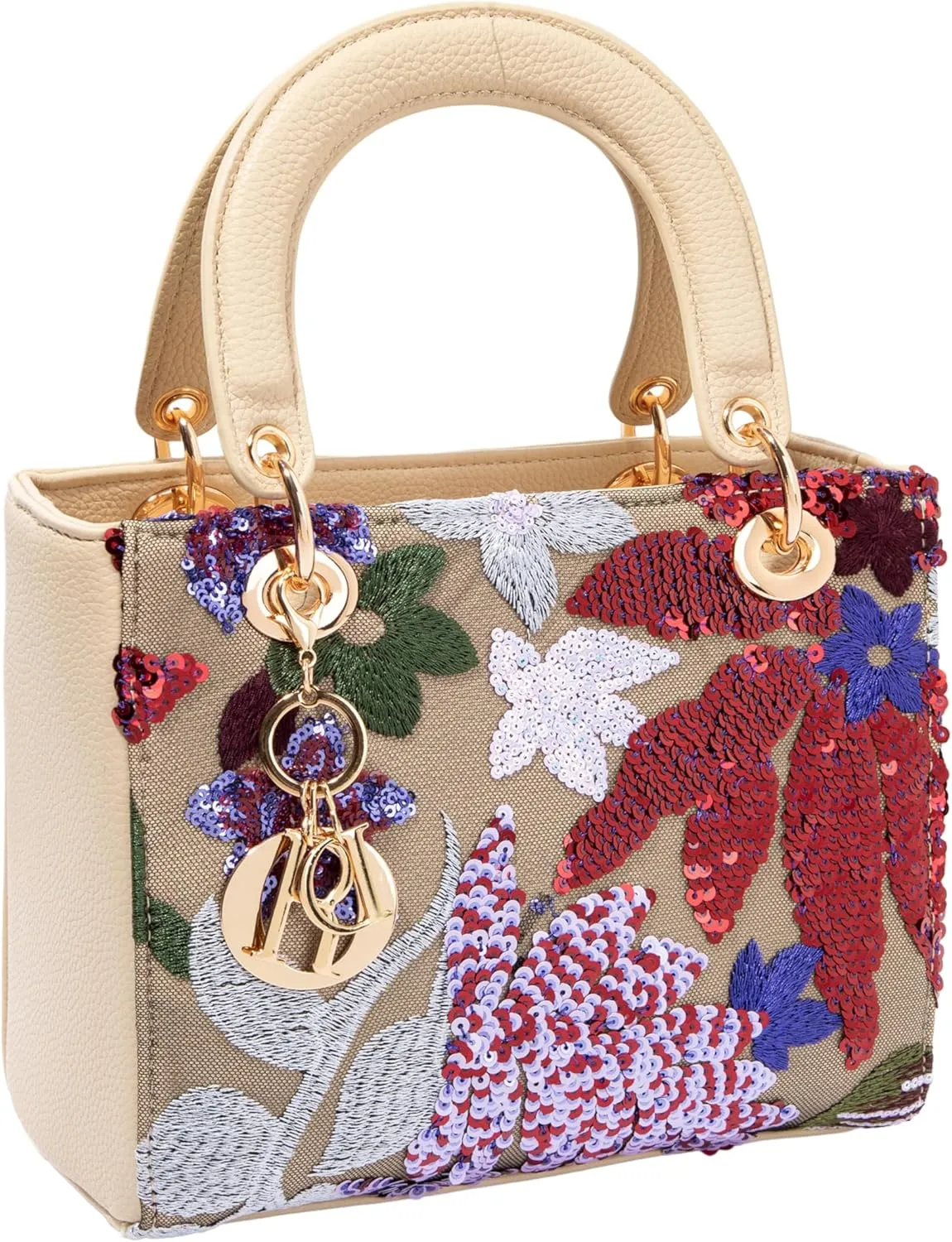 Faux Leather Box Sequin Embroidered Floral Top Handle Bag with Charms for Wedding Party