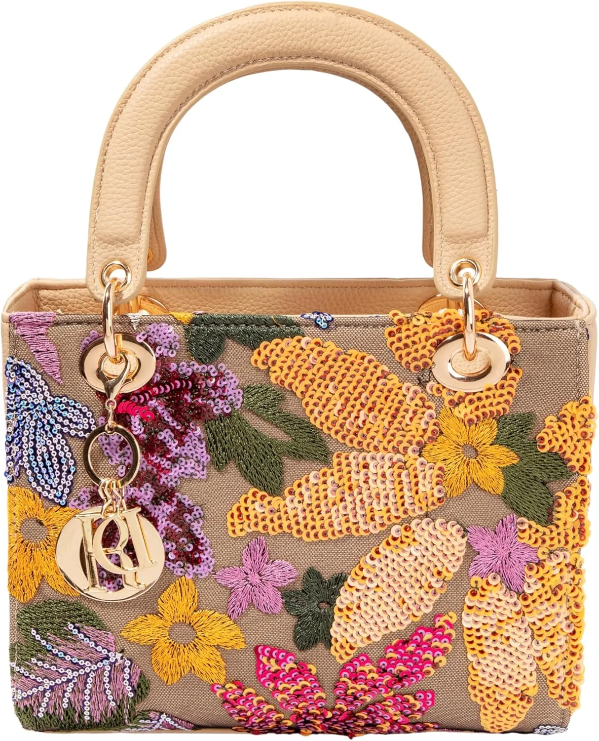 Faux Leather Box Sequin Embroidered Floral Top Handle Bag with Charms for Wedding Party