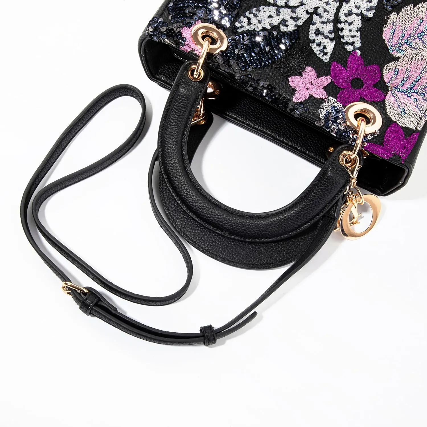 Faux Leather Box Sequin Embroidered Floral Top Handle Bag with Charms for Wedding Party