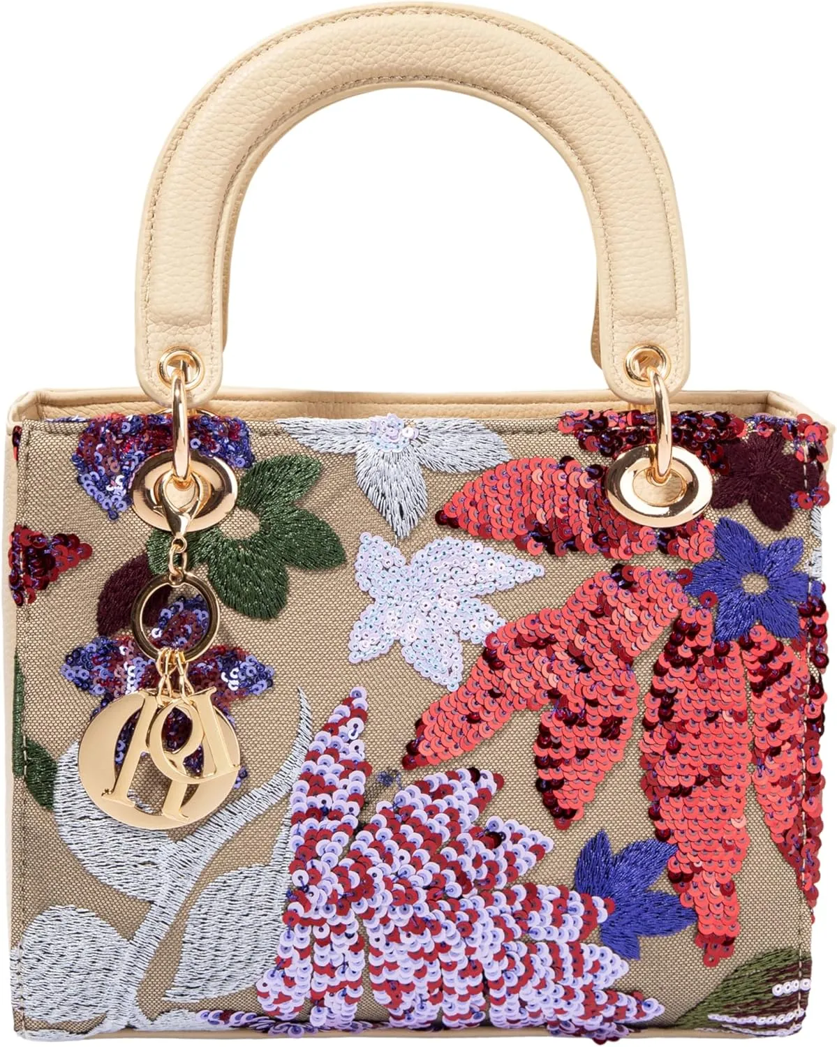 Faux Leather Box Sequin Embroidered Floral Top Handle Bag with Charms for Wedding Party