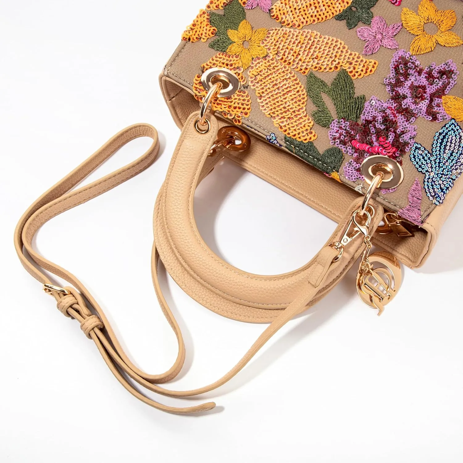 Faux Leather Box Sequin Embroidered Floral Top Handle Bag with Charms for Wedding Party