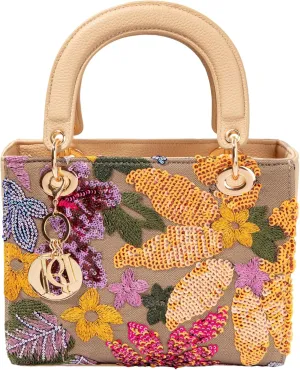 Faux Leather Box Sequin Embroidered Floral Top Handle Bag with Charms for Wedding Party