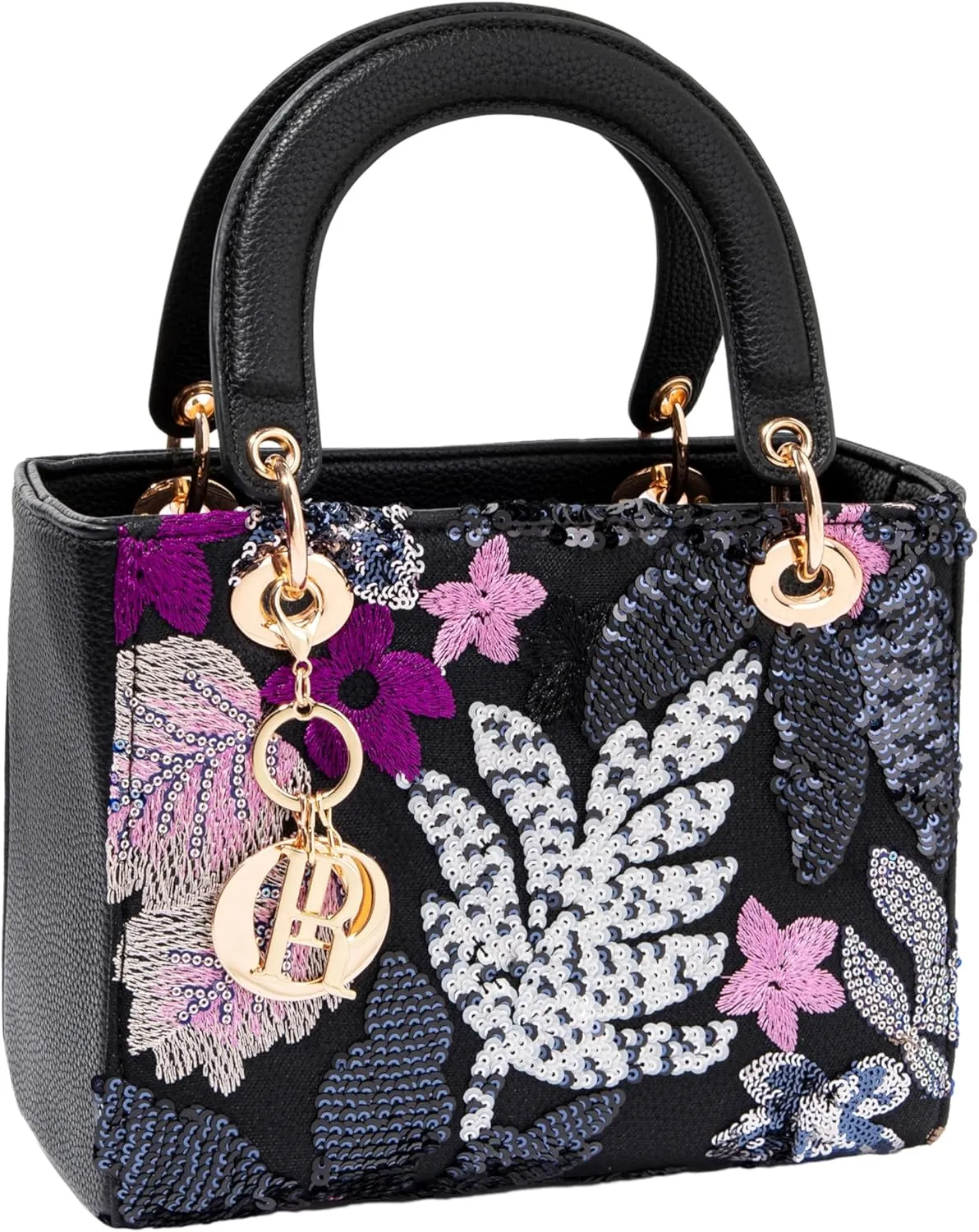 Faux Leather Box Sequin Embroidered Floral Top Handle Bag with Charms for Wedding Party