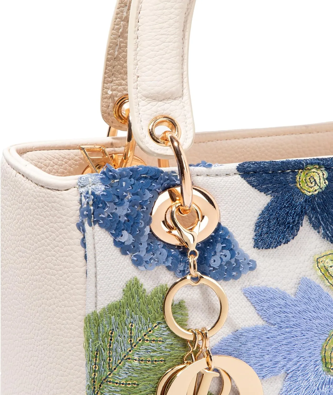 Faux Leather Box Sequin Embroidered Floral Top Handle Bag with Charms for Wedding Party
