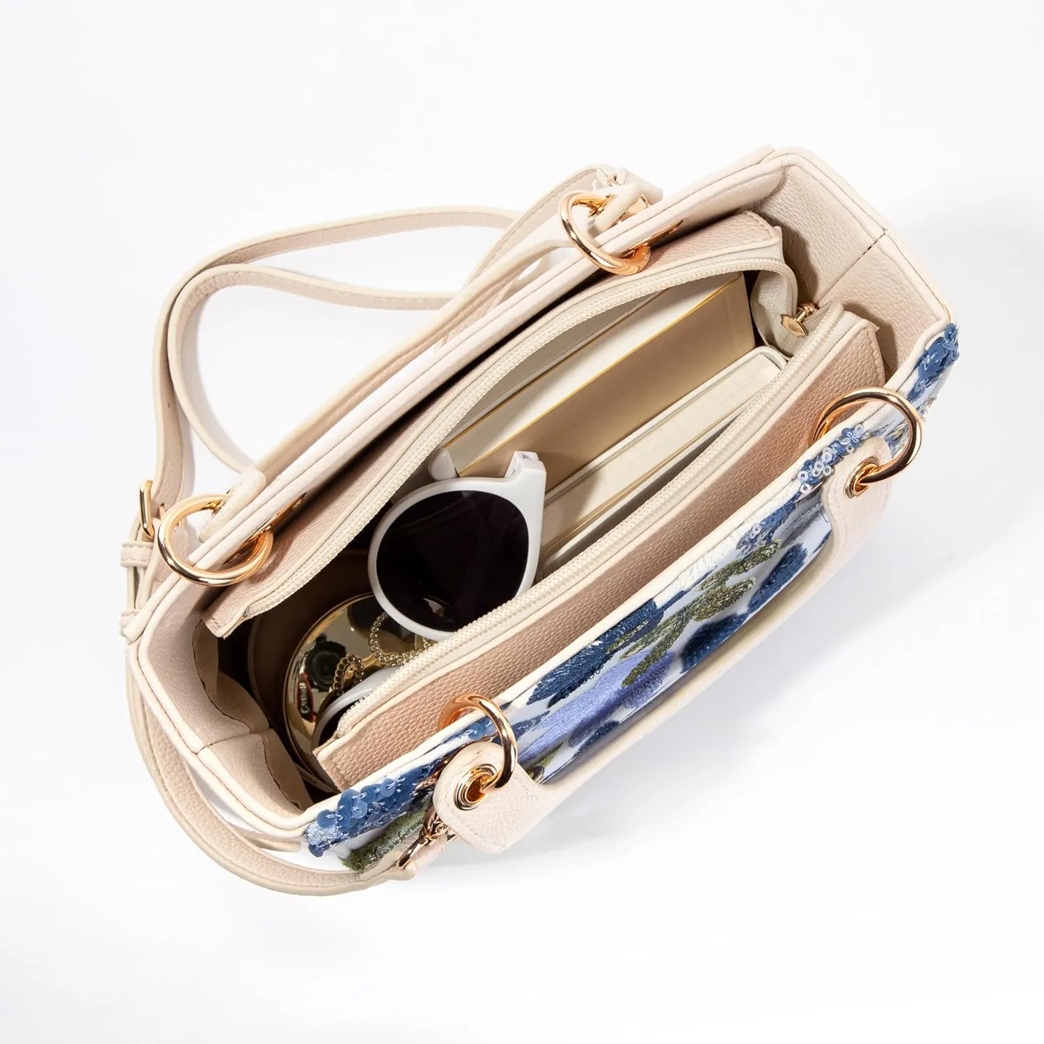 Faux Leather Box Sequin Embroidered Floral Top Handle Bag with Charms for Wedding Party