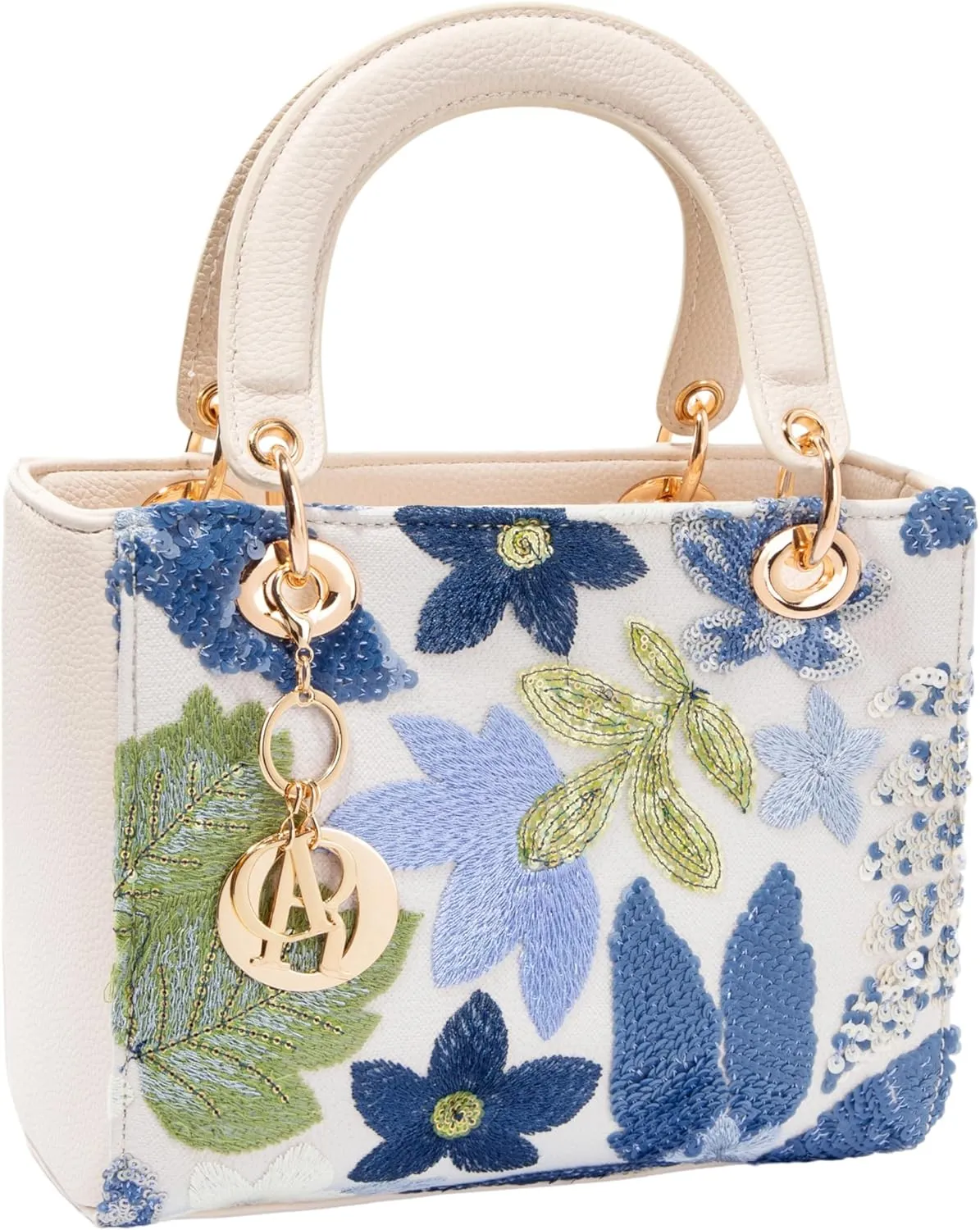 Faux Leather Box Sequin Embroidered Floral Top Handle Bag with Charms for Wedding Party