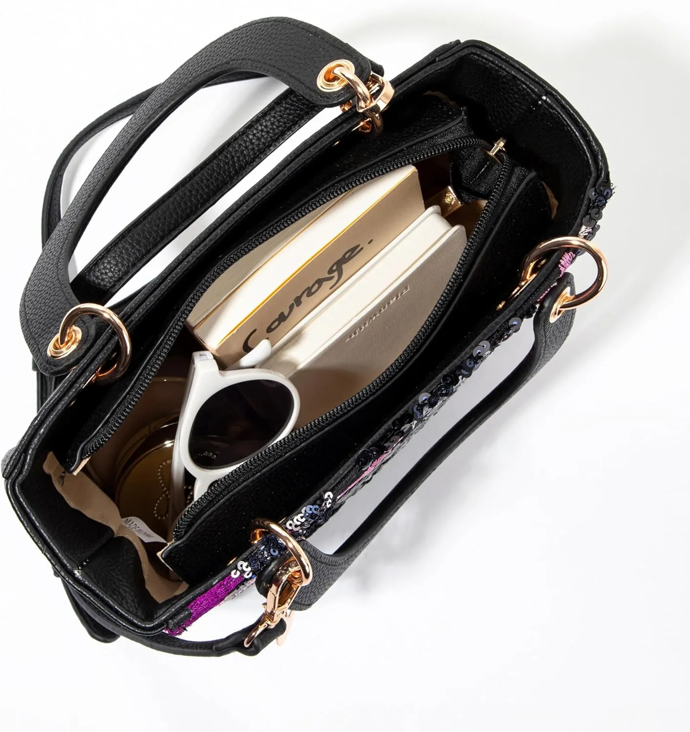 Faux Leather Box Sequin Embroidered Floral Top Handle Bag with Charms for Wedding Party