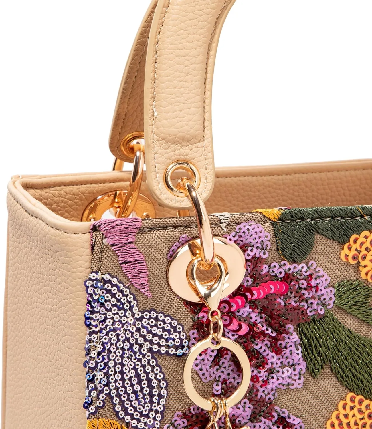 Faux Leather Box Sequin Embroidered Floral Top Handle Bag with Charms for Wedding Party