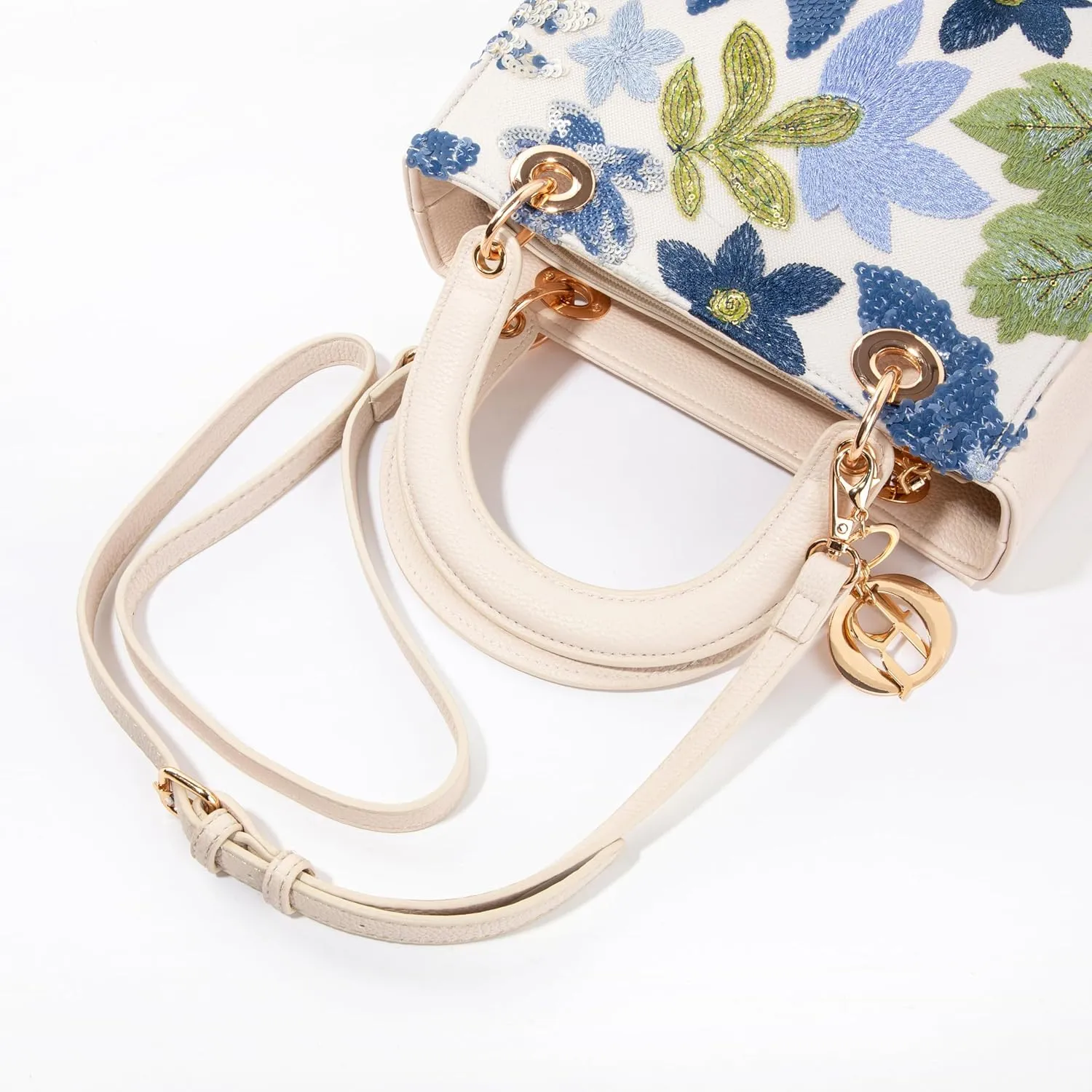 Faux Leather Box Sequin Embroidered Floral Top Handle Bag with Charms for Wedding Party