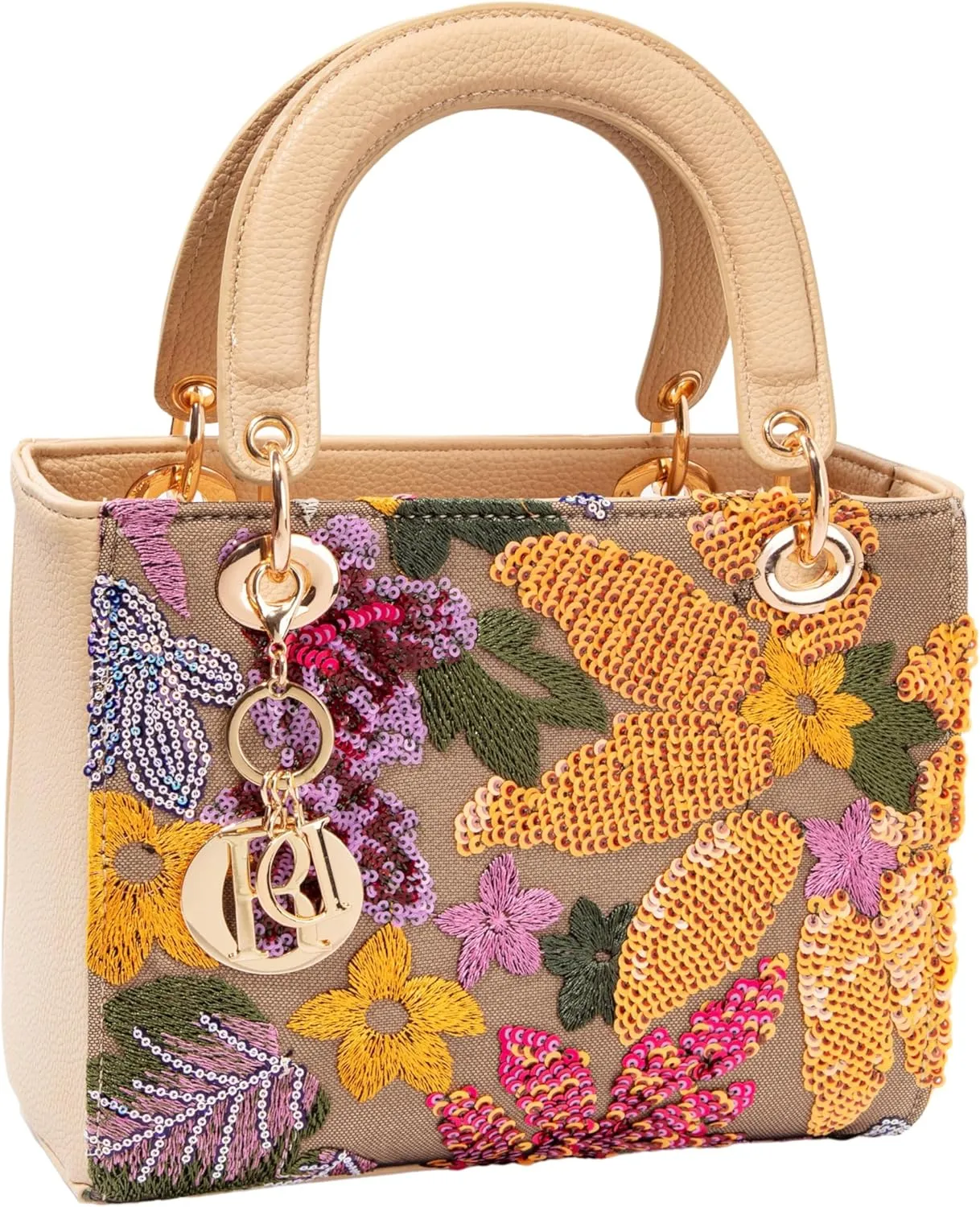 Faux Leather Box Sequin Embroidered Floral Top Handle Bag with Charms for Wedding Party