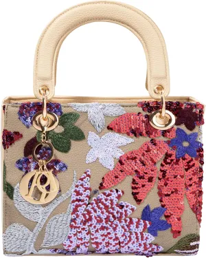 Faux Leather Box Sequin Embroidered Floral Top Handle Bag with Charms for Wedding Party