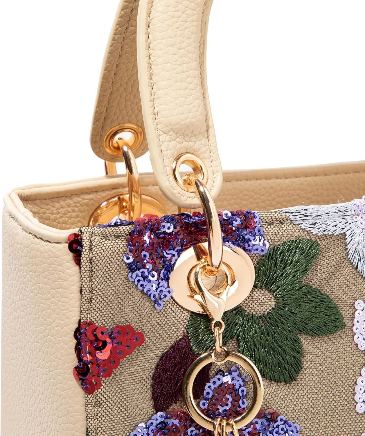 Faux Leather Box Sequin Embroidered Floral Top Handle Bag with Charms for Wedding Party