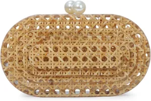 Fecialy Women Acrylic Clutch Purse Rattan Woven Pattern Handbag Shell Shape Crossbody Bag Chic Evening Bag
