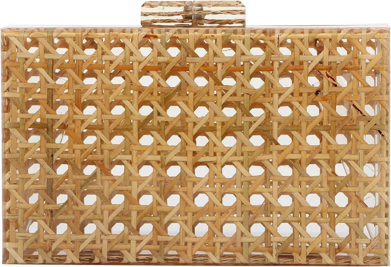 Fecialy Women Acrylic Clutch Purse Rattan Woven Pattern Handbag Square Box Crossbody Bag Chic Evening Bag