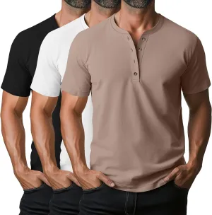 Ficerd 3 Pack Men's Henley T-Shirts Cotton Short Sleeve Casual Basic Tees Summer Loose Fit Oversized Solid Tops
