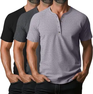Ficerd 3 Pack Men's Henley T-Shirts Cotton Short Sleeve Casual Basic Tees Summer Loose Fit Oversized Solid Tops
