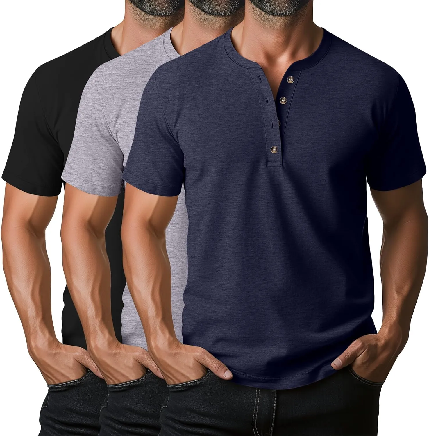 Ficerd 3 Pack Men's Henley T-Shirts Cotton Short Sleeve Casual Basic Tees Summer Loose Fit Oversized Solid Tops
